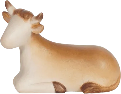 Hand-carved wooden Ox figure lying down, painted in soft brown and cream tones