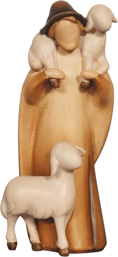 Hand-carved wooden shepherd figure with one sheep on shoulders and one at feet, natural wood tones and painted details