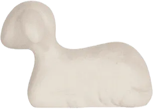 Minimalist hand-carved wooden lamb figure in natural wood finish, lying down
