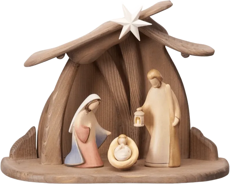 Hand-carved wooden nativity set with Holy Family and minimalist stable, soft painted colors