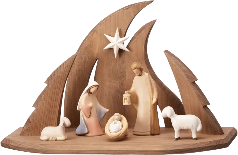 7-piece hand-carved wooden nativity set with modern Ambiente stable, featuring Mary, Joseph, baby Jesus, two sheep, and star