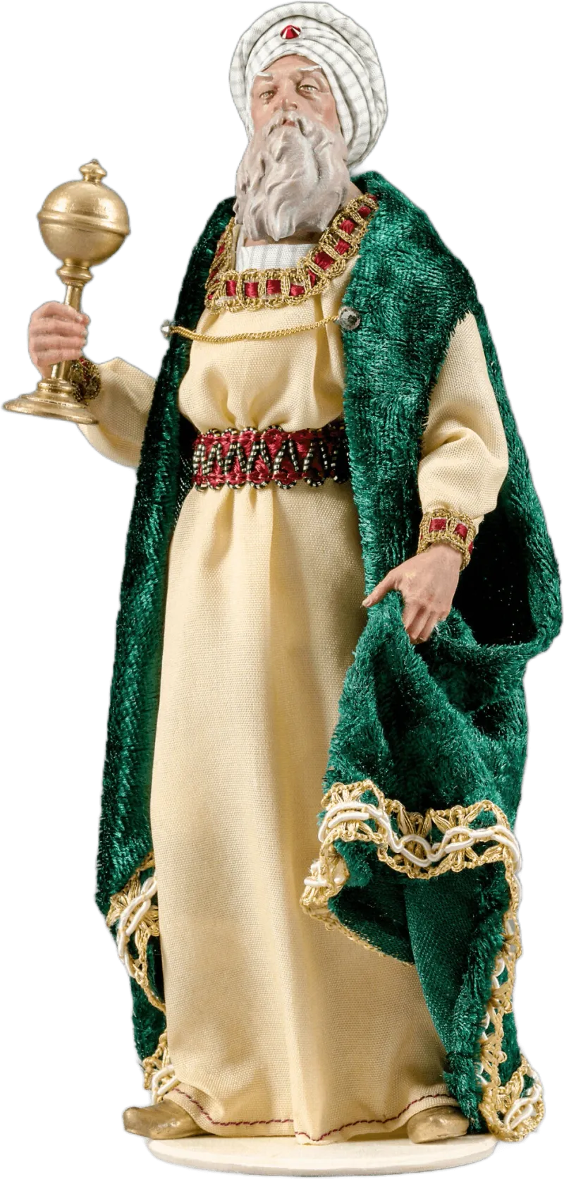 King standing, green cloak and white turban – nativity figure by Original Heide