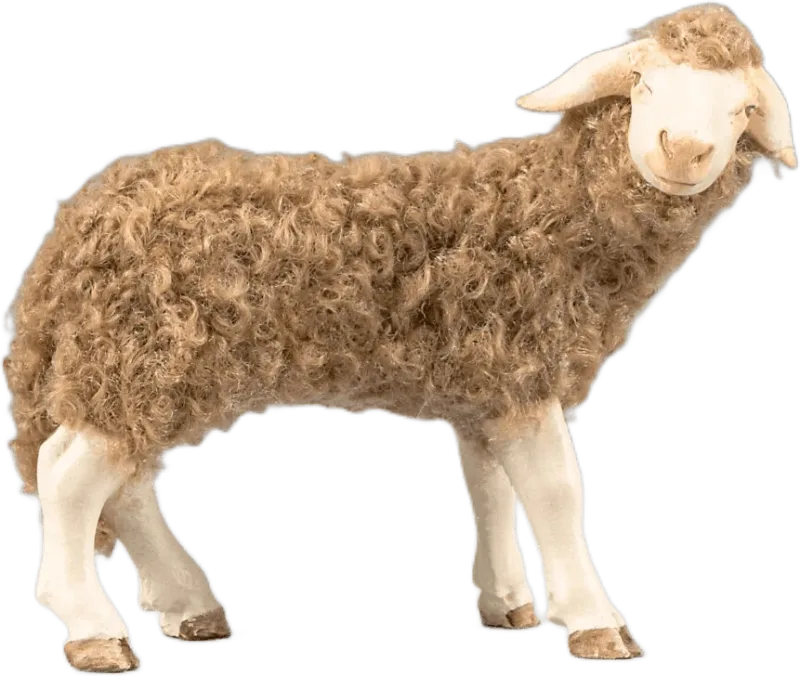 Sheep with wool brown, head lowered – nativity figure by Original Heide