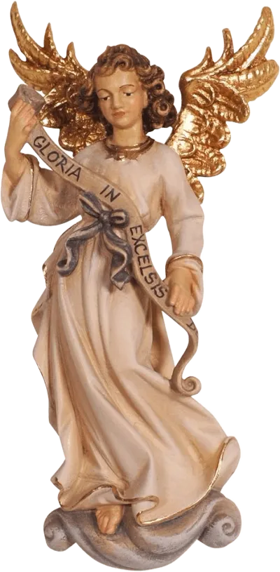 Hand-carved wooden angel figure with golden wings holding a banner reading Gloria in Excelsis