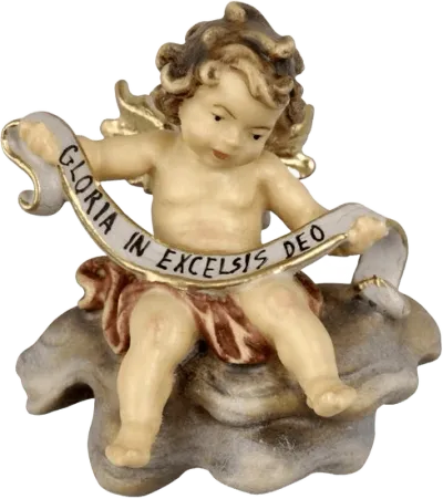 Hand-carved wooden cherub angel sitting on cloud holding scroll with Gloria in Excelsis Deo