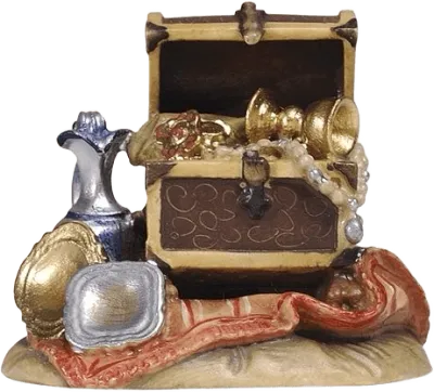 Hand-carved wooden Gifts of the Magi figure with treasure chest, gold vessels, and pearl necklace on cloth