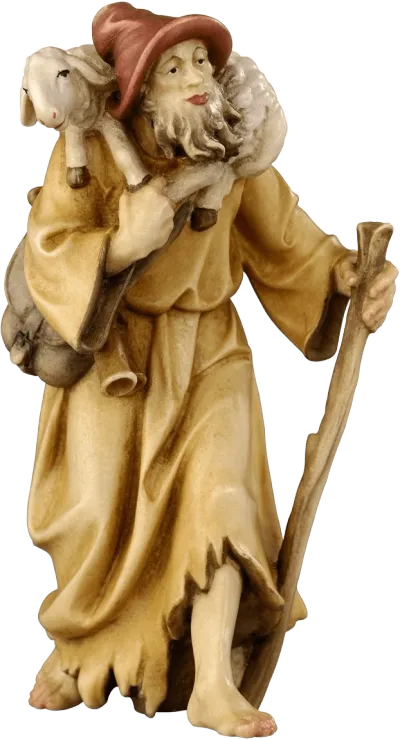 Hand-carved wooden shepherd figure carrying a lamb on shoulders, wearing brown hat and robe
