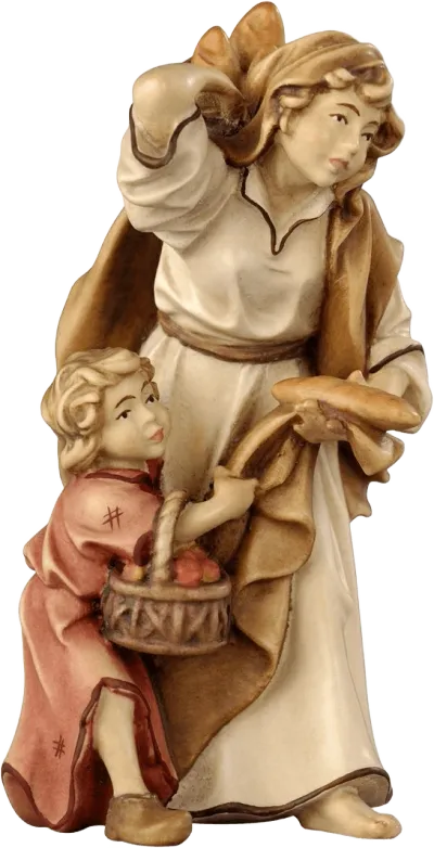 Hand-carved wooden Shepherdess with Child figure, woman holding bread, child with basket of fruit, soft natural colors