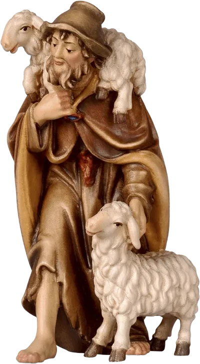 Hand-carved wooden shepherd figure carrying one sheep on shoulders and holding another, painted in natural tones