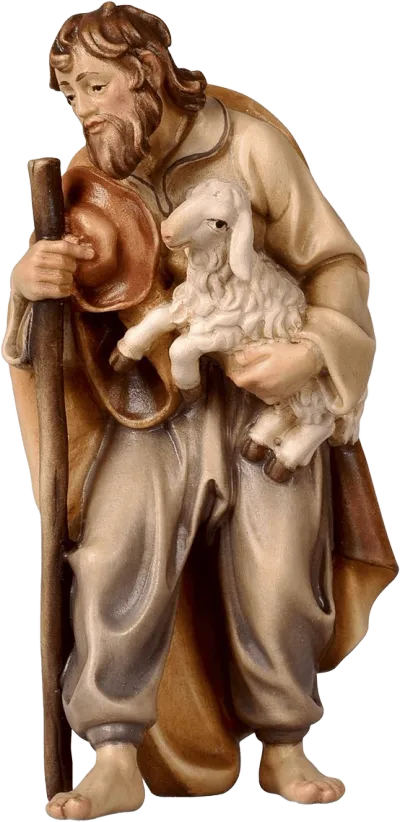 Hand-carved wooden shepherd holding a lamb and stick, painted in earth tones
