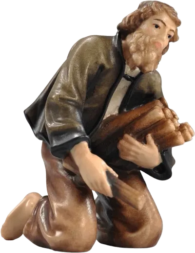 Hand-carved wooden shepherd kneeling with firewood, hand-painted in natural tones