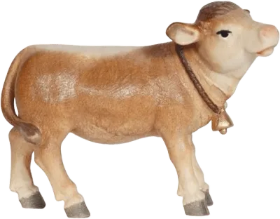 Hand-carved wooden calf figure with brown and cream paint, small bell on neck