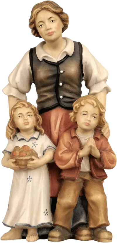 Hand-carved wooden shepherdess figure with two children, one holding a basket of fruit, hand-painted in natural colors