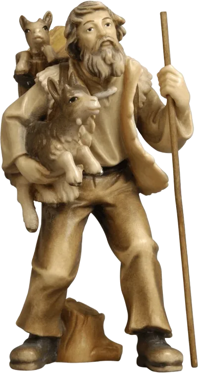 Hand-carved wooden shepherd holding two goats, painted in natural tones with walking stick