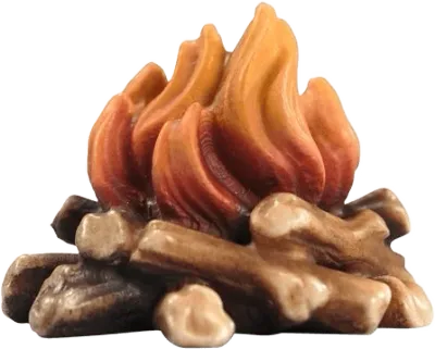 Hand-carved wooden campfire figure with painted orange and red flames and brown logs