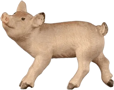 Hand-carved wooden piglet figure standing, light pink with painted details