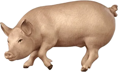 Hand-carved wooden pig figure in naturalistic pose, light brown with painted details