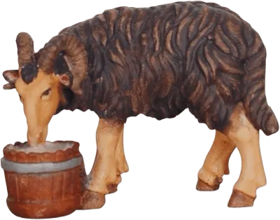 Hand-carved wooden dark ram with curled horns drinking from a brown bucket, detailed fur texture