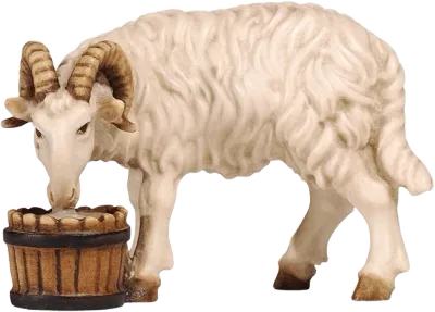 Hand-carved wooden ram drinking from a bucket, painted cream and brown