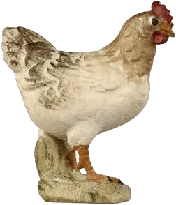 Hand-carved and hand-painted wooden hen figure standing on a base, natural colors