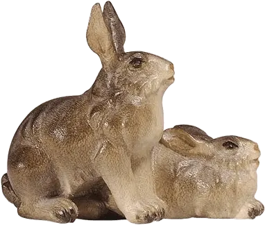 Hand-carved wooden Group of Rabbits figure, two brown rabbits resting, detailed painting