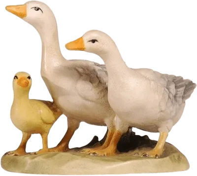 Hand-carved and hand-painted wooden group of geese with two adult geese and one gosling on a base