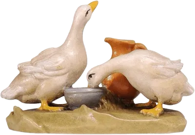 Hand-carved wooden Group of Ducks figure with two white ducks near a bowl and jug on a natural base