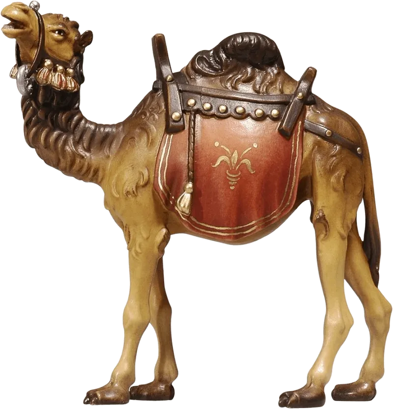 Hand-carved wooden camel nativity figure with painted saddle and harness in brown and tan tones