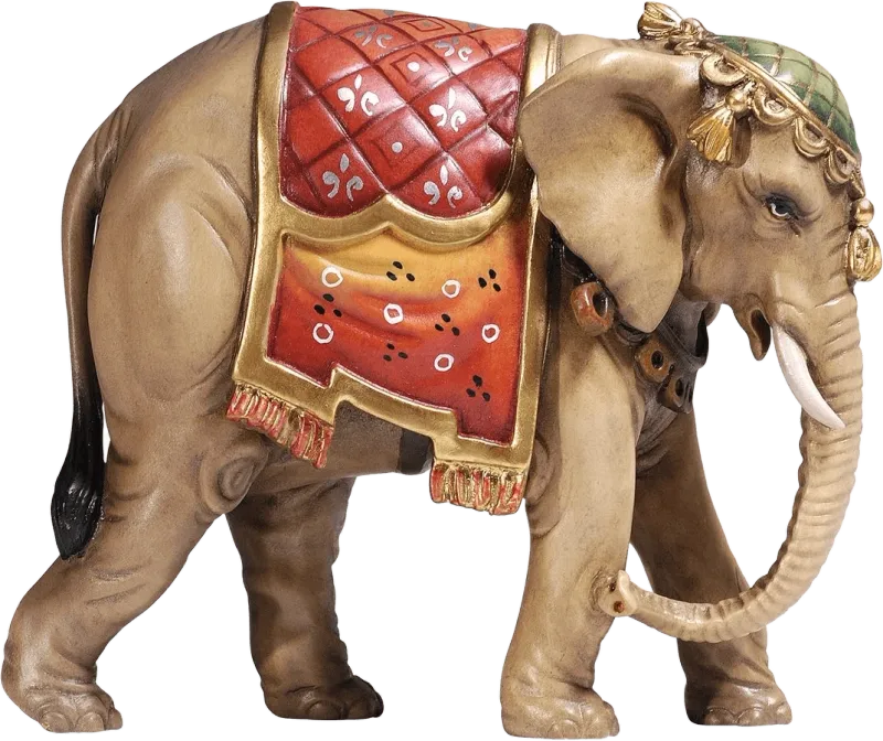 Hand-carved wooden elephant nativity figure with red, orange and green decorative saddle and headpiece