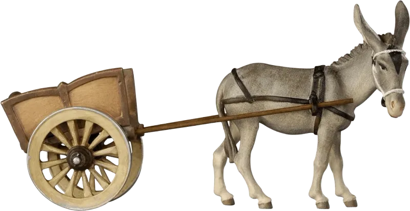 Hand-carved wooden donkey with cart, painted in natural colors with detailed harness and wooden wheels