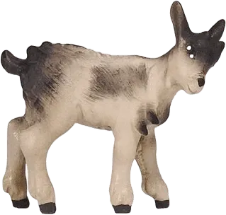 Hand-carved and hand-painted wooden kid goat figure in natural colors