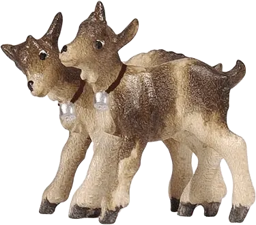 Pair of hand-carved and hand-painted wooden kid goats with small bells on collars
