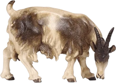 Hand-carved wooden goat grazing with brown and cream paint details