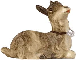 Hand-carved wooden kid goat lying figure with brown and beige tones and a small bell collar