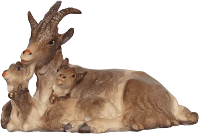 Hand-carved wooden figure of a goat lying with two kids in brown and beige tones
