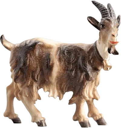 Hand-carved wooden goat figure with bell around neck, looking right, brown and cream colors