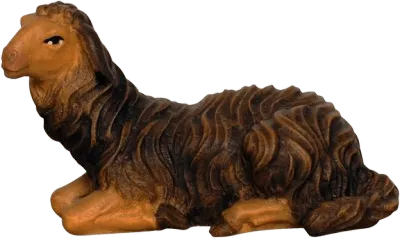 Hand-carved wooden dark brown sheep lying down facing left, detailed carved wool texture