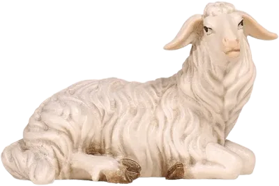 Hand-carved wooden sheep lying down looking right, painted white with detailed wool texture