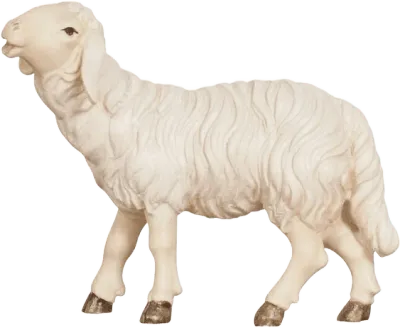 Hand-carved wooden sheep figure with head raised, white wool texture and brown hooves