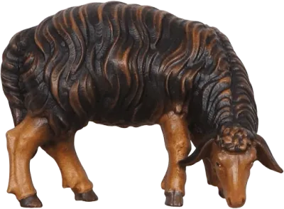 Hand-carved wooden dark sheep grazing looking right with detailed textured wool