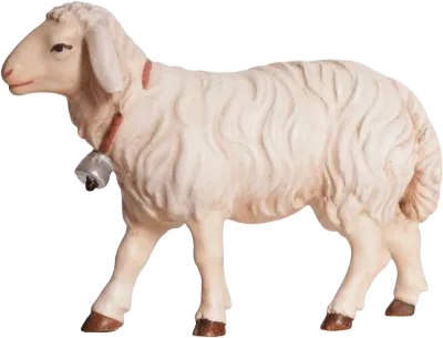 Hand-carved wooden sheep with bell, cream color with brown hooves and red collar