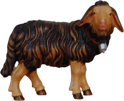 Hand-carved wooden dark sheep standing with bell around neck, painted brown and black