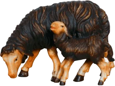 Hand-carved and hand-painted dark sheep grazing with lamb, wooden nativity animal figures