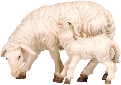 Hand-carved wooden sheep grazing with lamb, white with brown hooves