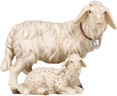 Hand-carved and hand-painted wooden group of sheep with standing sheep and resting lamb