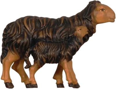 Hand-carved and hand-painted wooden dark sheep standing with lamb, detailed textured wool
