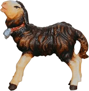 Hand-carved and hand-painted dark brown lamb standing with red collar and bell