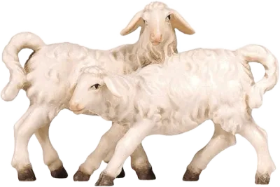 Pair of hand-carved and hand-painted wooden lamb figures in white with brown hooves