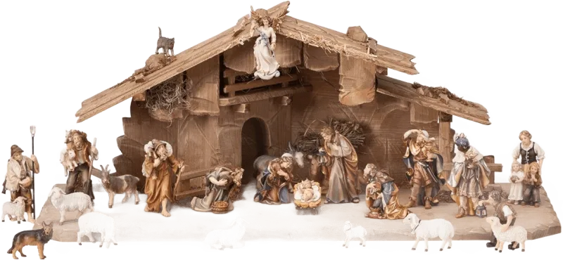 Complete 25-piece hand-carved and hand-painted wooden nativity set with stable and figures