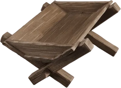 Rustic hand-carved wooden manger with natural wood finish